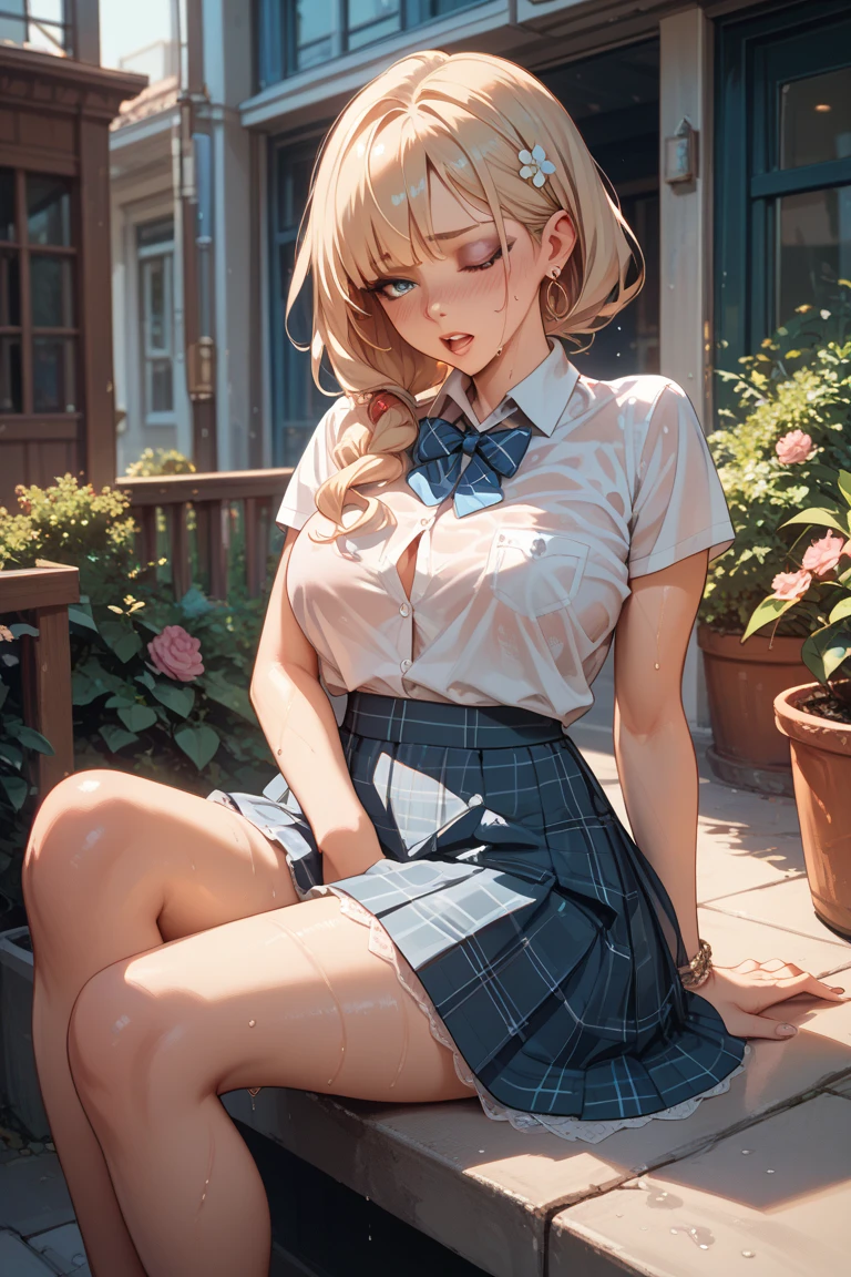 (masterpiece:1.3, highest quality),  (realistic, photorealistic:1.4), beautiful illustrations, perfect lighting, colorful, Depth of the bounds written, 
looking at the viewer, full body, Front view:0.6, 1 girl, alone, Japanese, high school girl, Improve, (big breasts:0.8, big ass, seductive thighs, skin dents),
(long hair:1.5, side ponytail),  asymmetrical bangs, purple eyes, parted lips, (very tanned and shiny skin), 
beautiful hair, beautiful face, highly detailed face, detailed and beautiful eyes, beautiful clavicle, beautiful body, beautiful breasts, beautiful thighs, beautiful feet, beautiful fingers, ((collared short sleeve shirt, white shirt, , pink plaid pleated skirt, black tie)), pink panties, polka dot hair scrunchie, 
( sexy pose), (enchanting smile), evening,Sit in the classroom,gal,(brown skin:1.4),(blonde:1.5),(view from below),