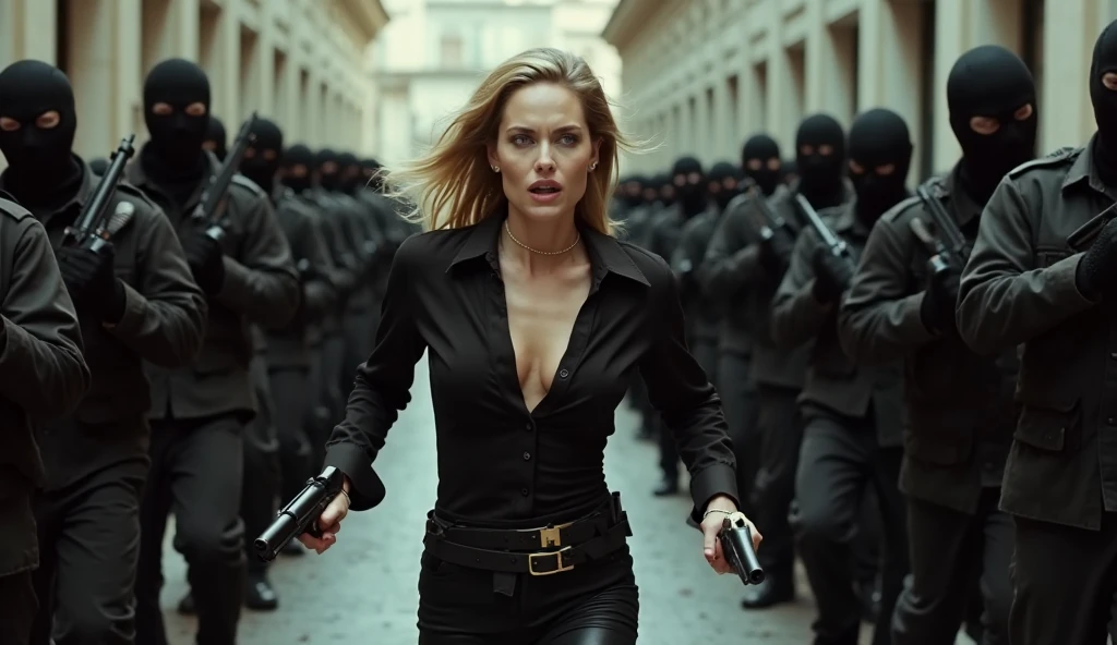 (Best quality:1.4), (ultra detailed:1.4), full body shot , ana de armas, smirk, smirk, sexy one piece semi long dress opened on chest, spy outfit,holding a gun and shooting at enemies,war set,highly detailed,photorealistic,intricate details,dramatic lighting,cinematic composition,vibrant colors,dynamic action pose, casino setup, lots of people around