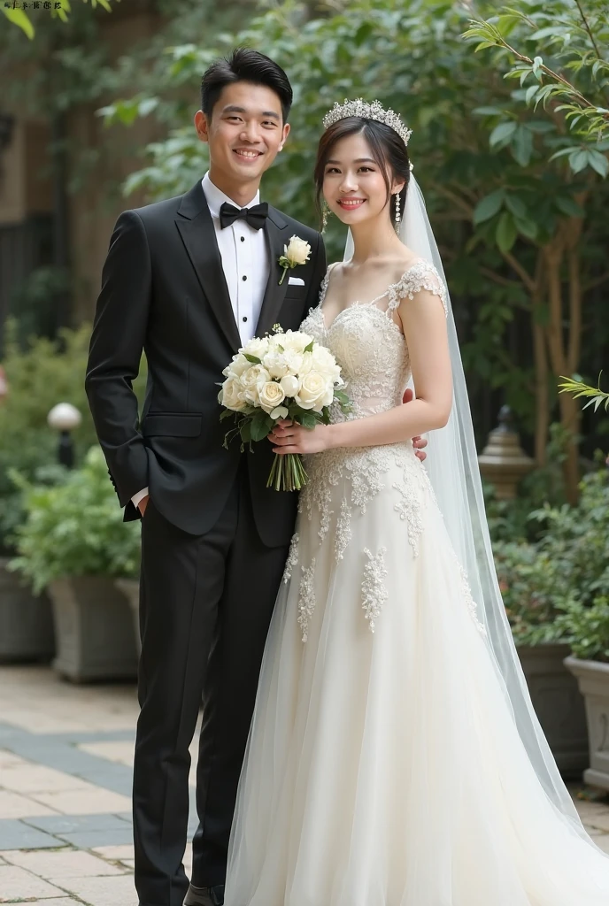 highest quality,masterpiece,8k,Beauty,happy couple,wedding ceremony,Bride and groom,Captivating smile,28 years old,Brown hair with hair up,Big Breasts,open neck wedding dress