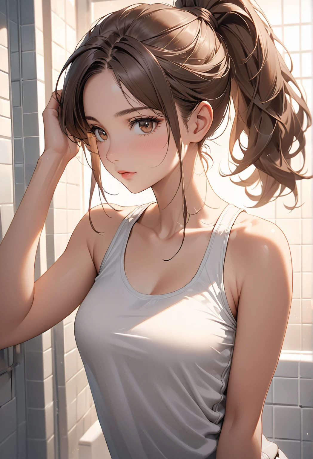 woman, Upper Body, Blushing, Brown Hair, Twin tails, White tank top, Flat Chest, Plain background, Spotlight, masterpiece, highest quality, Highest quality