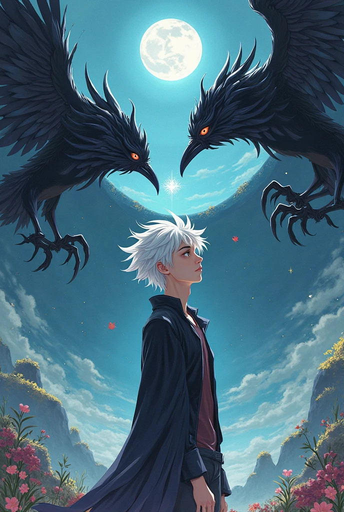 handsome man、Silver Hair、black feathers on the back、High resolution, Muscular upper body、Very detailed, Black trousers、Crouch down、water surface、reflection、Ultra high definition, Big delicate moon、accurate, Your hands gently embrace me、A small white light draws a circle、masterpiece,