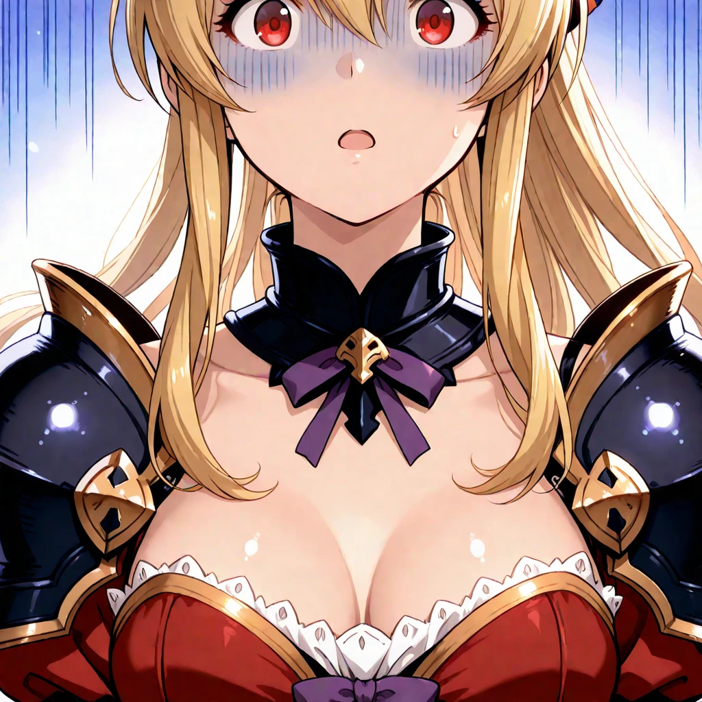 cleavage、tits、scared, organs,、hands up, elbows on table, face palm、breasts close up, blonde ((((((hair over one eye)))))), Braid Styles, spiked hair, blunt bangs, bob hair, a braid, Ahoge red eyes, (((white bikini armor))), open mouth, fang, glaring, ((disdain)), ((punching))