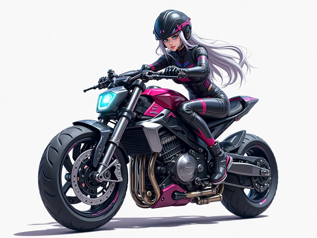 A motorcycle，a helmet，tightsuit，woman，Bigchest，Raised sexy，Purple colored hair，sitting on the motorcycle，long whitr hair