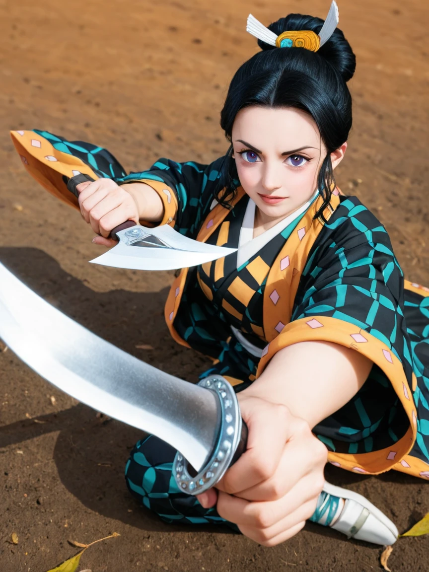 Masterpiece, anime style, studio Ghibli look, Female samurai in a ancient Japanese garden,, katana on her belt, hat, upper body, busty,smirk, green eyes