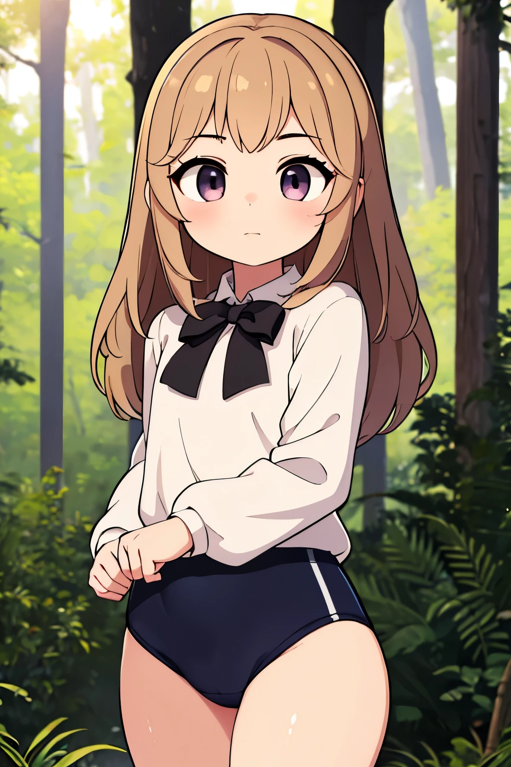(masterpiece, highest quality), 1 girl, beautiful face, beautiful body, wearing a Black gymnastics bloomers, High leg、white blouse, cowboy shot、Are standing、full body portrait、alone, complex details, enlarged textures, complex details, finely detailed eyes and detailed face, intricate details, (closed mouth), perfect eyes, equal eyes, perfect body, extremely detailed, (), extremely realistic 3d,In a dark forest、have to pee,peeing myself,hand between legs,