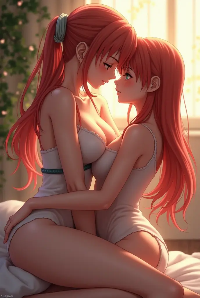 Two beautiful young women, Anime Style, Detailed face, Redhead, Red eyes, Delicate features, Soft lighting, underwear, Embrace each other, Intimate pose, One touches the other'Gently wash your face, Sit on a cozy sofa, Warm and cozy living room, Relaxed affection, Dynamic pose, Japanese Anime Style, high quality, Very detailed, 8K resolution, Cinema Lighting, 最high quality, Vibrant colors, Instagrammable, beautiful, tendency
