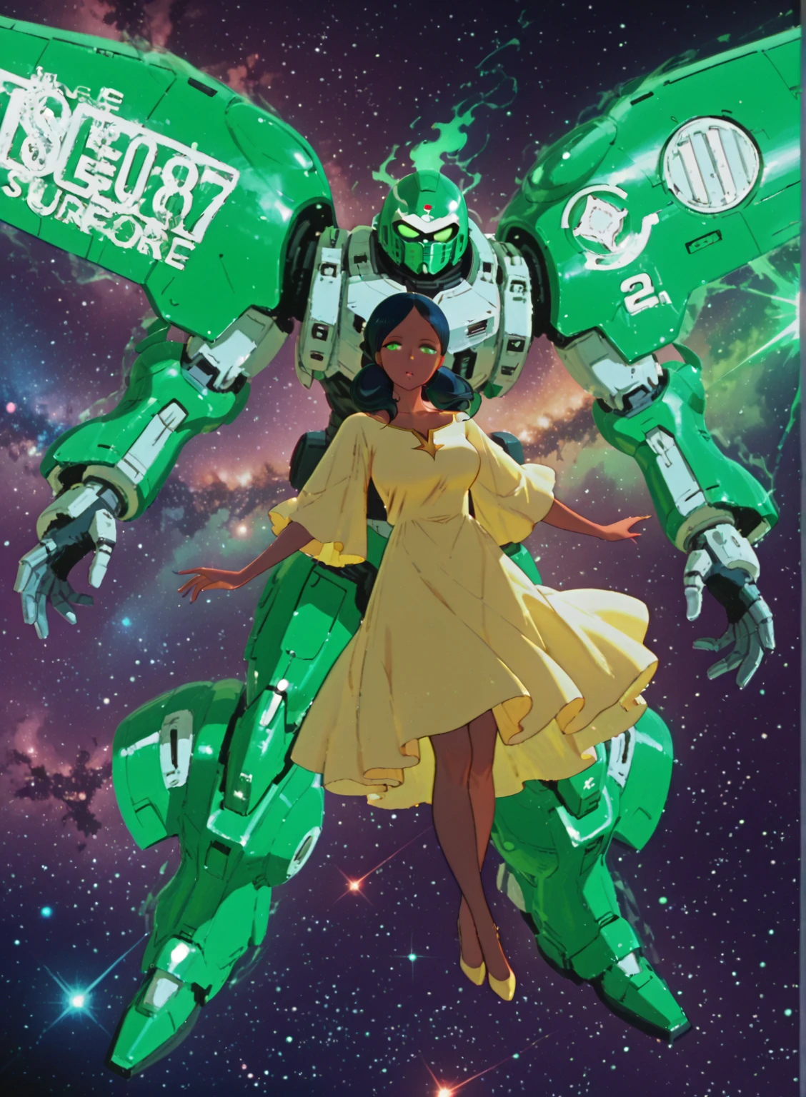 Close-up of a woman in a green and yellow outfit, Heavy Metal Comic Cover Art, Barbarella, Ash Thorpe, Official Art, Panoramic Widescreen View, Megadeth, Matte coloring, 1970s, Syndicate(2012), Psionic, nebula, By Juan Jimenez, 1970s