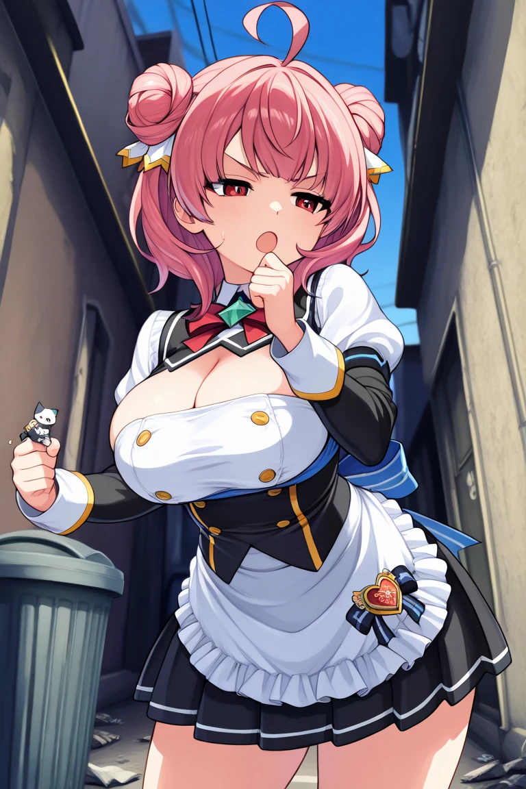 Cute short girl, (best quality, 12K, highres, masterpiece:1.2), shortstack, (gigantic breasts:1.4), slim body, pink hair, adorable expression, succubus tattoo, vibrant colors, soft lighting, delicate features, innocent eyes, playful smile, sexy black dress, massive cleavage, sparkling atmosphere, whimsical art style.