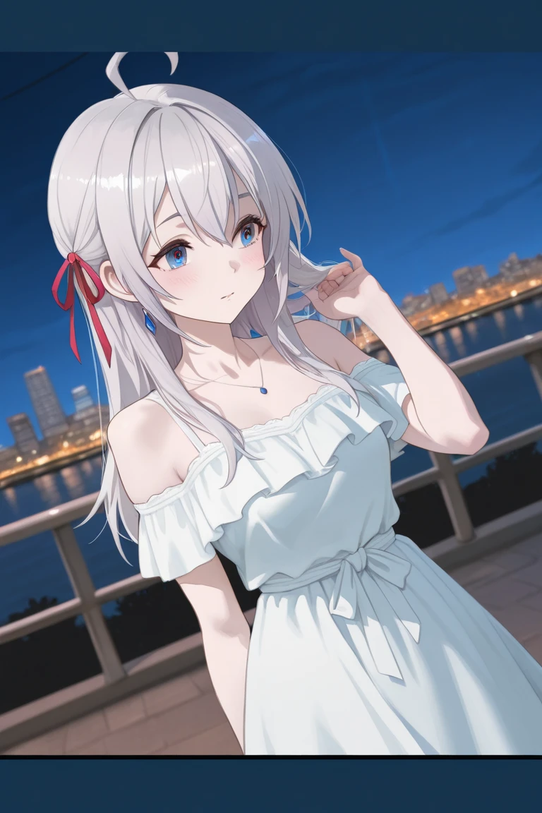 masterpiece, highest quality, High resolution, one girl, Virtual YouTuber, mined water, long hair, Monochromatic hair, night camisole, semi-long, red eyes, silver hair, earrings, short sleeve, bangs, blue nails, 黒色のnight camisole, nail polish, small breasts, Side decubitus position,Bed