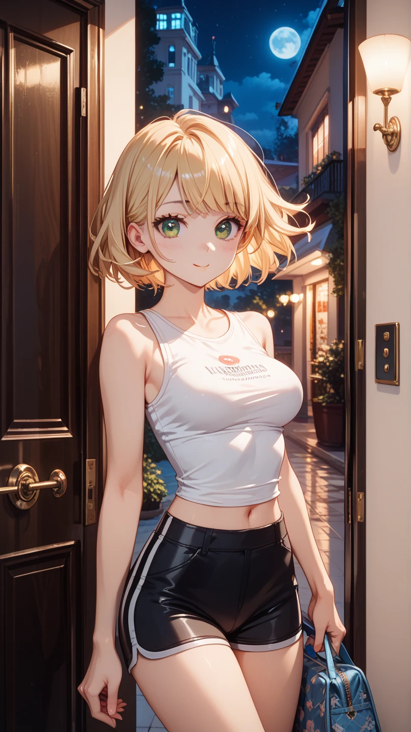 highest quality, highest quality, Super detailed, high resolution, High resolution, HDR, 4k, 8K, unity 8K wallpaper, Detailed CG, masterpiece, realistic, photorealistic, 2D, 3D, beautiful details, depth, fine texture , super fine: 1.3, Fully focused, Crispy.skin, .A very cute anime girl with blonde short hair in a stewardess outfit, her name is claire,smile, one girl, alone, blonde short hair, garden、squirt、meeting、a mole under her eyes, looking at the viewer, Denim miniskirt with black jumper、 blush, mole, parted lips, pink eyes, choker
