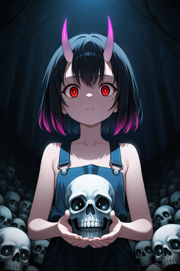 girl,(oni,skeleton:1.4),(dark,grim,monster,cemetery,crypt,dungeon,indoors,outdoors,hotify),Park Background,Crawling,Blunt Bangs,crimson Tieup Top,indigo Pencil Skirt,kemono friends,Bead Necklace ,(masterpiece,detailed,highres:1.4)