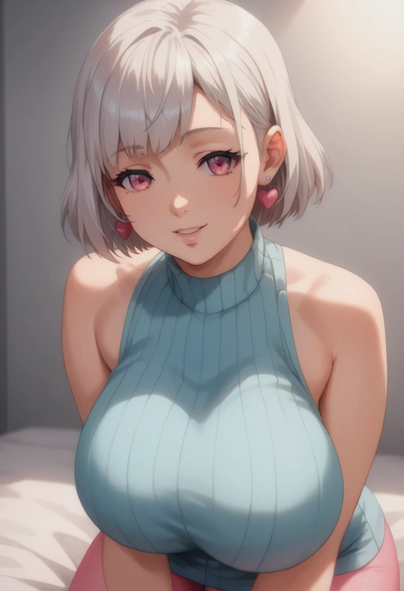 (((masterpiece))), ShizukaMikazuki, One Girl, alone, View your audience, Gray Hair, Cleavage, ((Very large breasts)),Big Ass,blue eyes,Big eyes,clavicle, Mature Body,Attractive body,(Trained abdominal muscles),High resolution, highest quality, super high quality,3D Images、Kumiko、3D Images、A bed with a shining night view、Gray Hair、Wavy long hair、Very detailedな CG Unity 8k 壁紙, [3D Images:1.15],Attractive eyes、[[Fine grain、blue eyes、Shining Eyes:1.15]], , Very detailed,Thin fingers、Front view、Cinema Lighting、Make your face a little smaller,Black sports bra,Blushing,High Ponytail,Sweaty all over,White Breath,Black Ribbon,Charm choker,smile,Earrings,garden,Big eyes,Glossy red lipstick,(Pink Nails),Blur the background,(Big Ass),((Twist your body)),Tilt your head