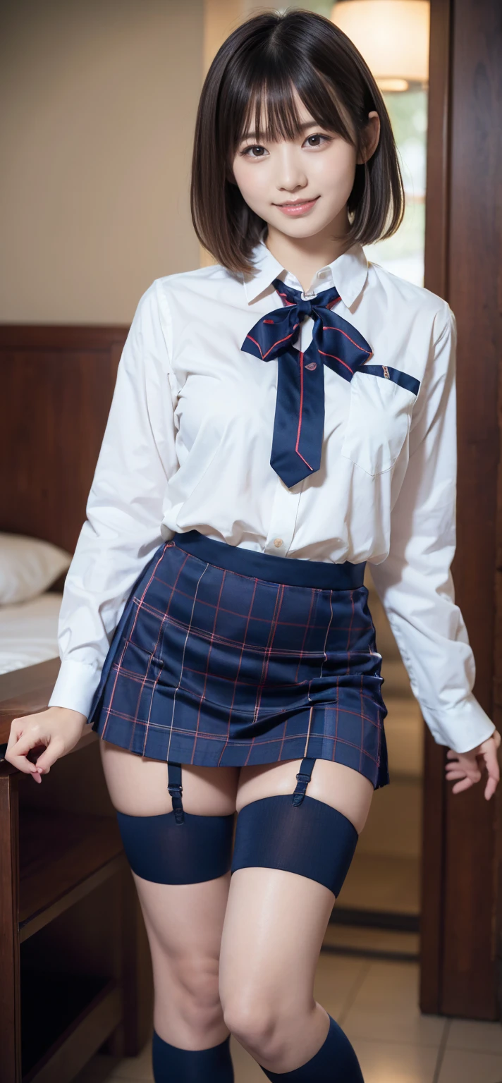 white collared shirt, blazer, bowtie, necktie, pleated skirt, micromini skirt, bobby socks, , white socks, loafers, school shoes,striped panties,(( pantyshot, panties shot)),,skirt up.cowboy shot.spread legs.((full body)).23yo .pee stain