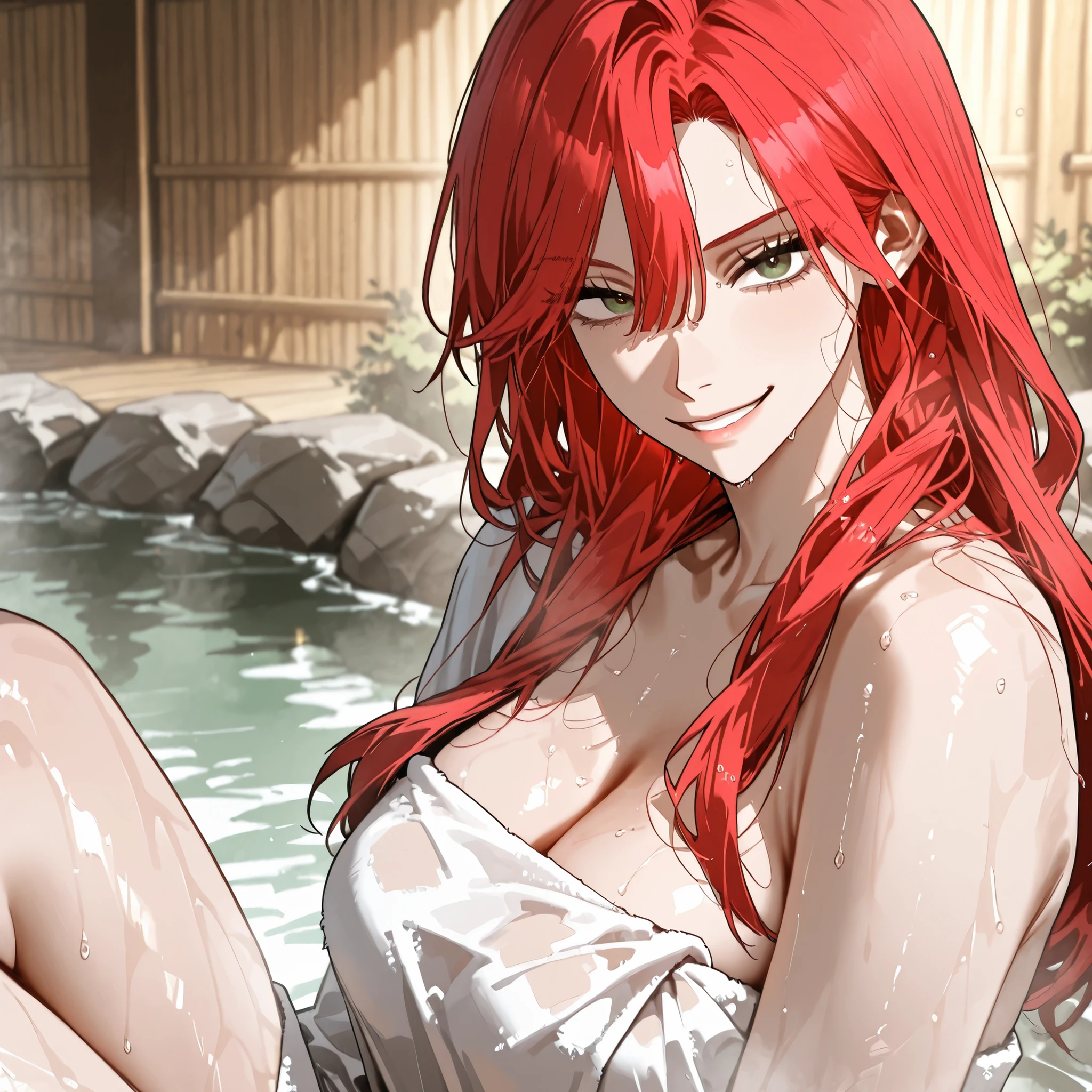 (SuperQuality:1.0) ~ (SuperQuality:1.2), detailxl, 1girl, High Resolution, Best Quality, High Details, Super Detailed, hot spring, Amy Karmis, green eyes, red hair, long hair, bangs, hair between eyes, Large breasts, wrapping herself with a towel, Wet, Seductive Smile, close up, crossing her legs, sitting, looking at viewer, side view,