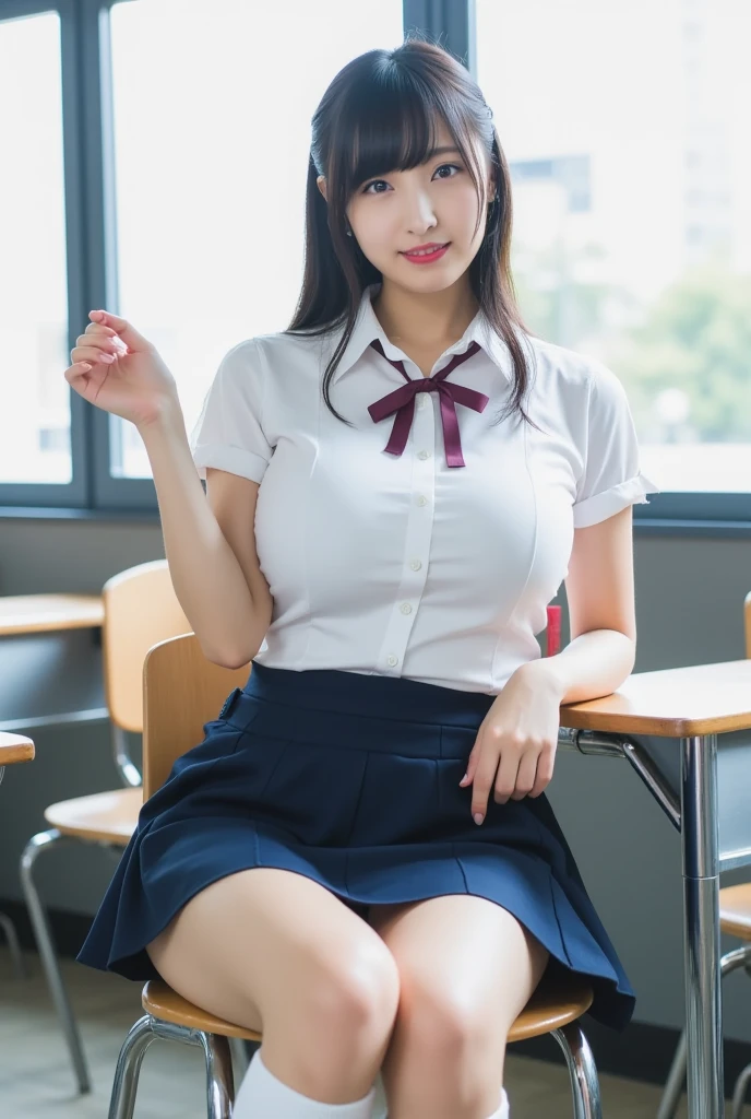A close-up shot from below of my sister, a high school girl with huge breasts that are so big they can burst out of her blouse.、She is sitting on a chair with her legs spread wide in the classroom, masturbating and seducing herself in a school uniform, stockings that emphasize her cleavage.
