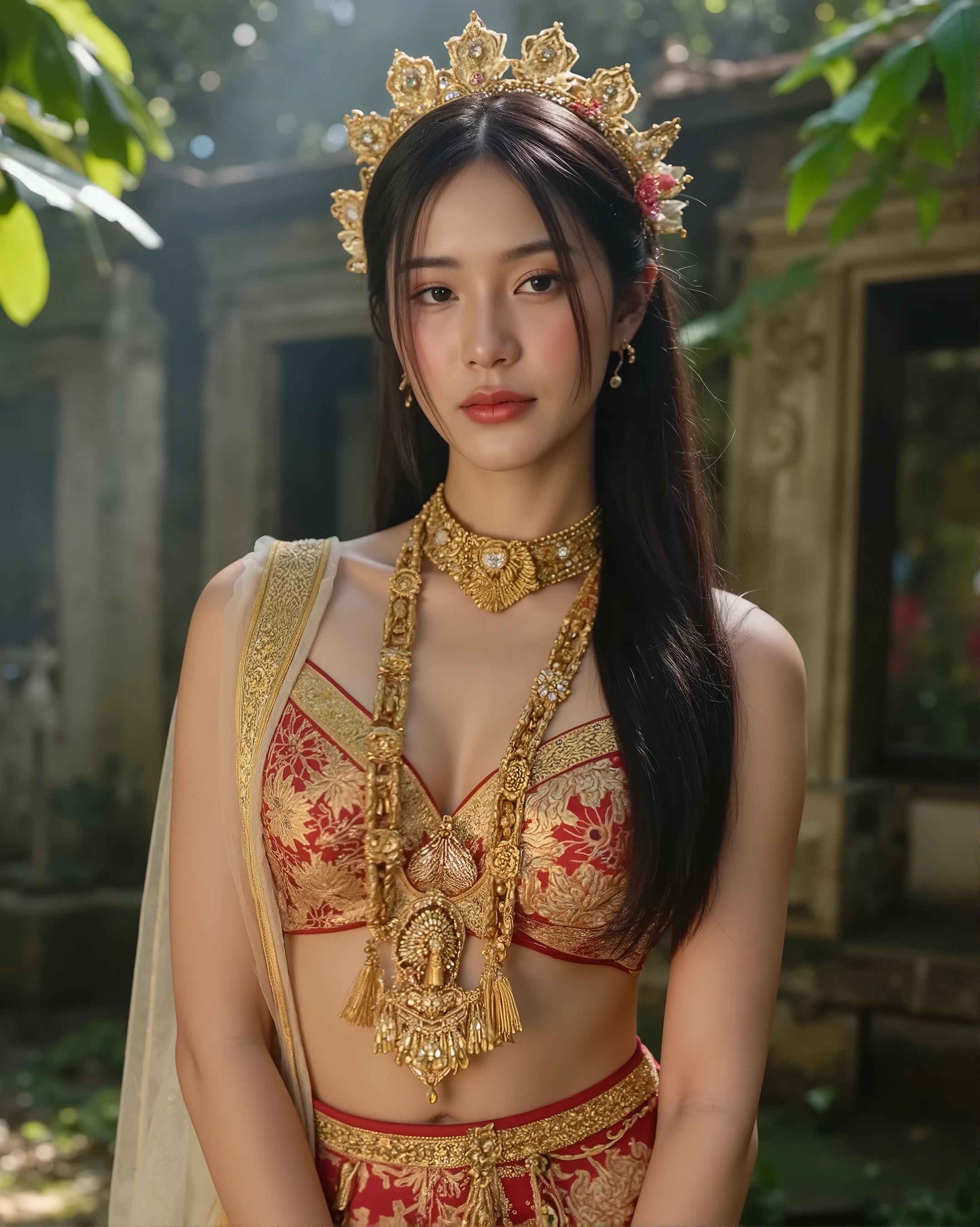 High-resolution fantasy portrait of a stunning tan-skinned Southeast Asian woman dressed in a traditional ceremonial costume inspired by Sumatran royal attire. She has a graceful and confident posture, expressive almond-shaped eyes, high cheekbones, and full lips. Her long black hair is styled up elegantly with golden hairpins and floral ornaments.
She wears a richly embroidered golden and crimson silk kebaya top with intricate brocade details and a sheer outer layer that flows with the wind. Her skirt is a wrapped songket sarong with metallic threading and sacred patterns. Around her shoulders and waist are layered golden sashes, ornamental belts, and jewel-encrusted sashes.
She is adorned with elaborate traditional jewelry — heavy golden necklaces, ornate armlets, bangles, large earrings, and a majestic gilded crown or headpiece shaped like lotus petals, symbolic of Sumatran nobility. Her body posture is elegant, one hand gracefully resting near her collarbone, the other by her side.
She stands in a mystical tropical jungle temple ruin with ancient stone carvings and sunlight filtering through dense leaves. A soft mist surrounds the scene. The color palette is warm — rich golds, deep reds, and earthy greens. The lighting highlights the shimmer of her costume and the glow of her skin.
Fantasy-cultural artwork, ultra-detailed, sharp focus on facial features and textile details, traditional-meets-fantasy design, soft cinematic glow, enchanted Southeast Asian setting, (NSFW)