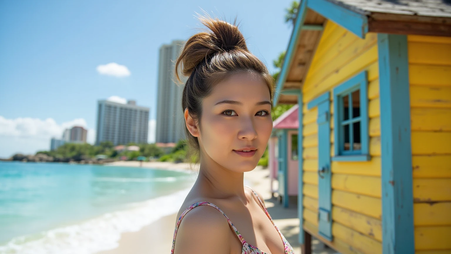 [[((young attractive Asian woman:1.6)), ((Sophie Tan:1.5)), standing on a sunlit street in a tropical coastal town, with her back to the camera. She is wearing ((a tight, short tropical romper with a floral pattern:1.4)), paired with a wide-brimmed hat. Her hair is styled in loose waves under the hat, and she has a seductive, serene gaze over her shoulder. The background features seaside cafes, palm trees, and the ocean in the distance. The scene is captured with a ((full-frame DSLR:1.4)) using a ((35mm prime lens:1.4)) to keep Sophie in sharp focus while the background is slightly blurred. Post-production enhances the vibrant colors and adds a ((soft bokeh effect:1.3)) to the background. The image should be in ((8K resolution:1.5)) with ((hyper-realistic detail:1.6)). The backdrop highlights the sunlit street setting with detailed textures of cafes and palm trees. The focus is on Sophie's chic tropical romper and wide-brimmed hat, along with her seductive, serene gaze, capturing the essence of street chic fashion. The overall composition is designed to evoke a sense of relaxation and style, making it a captivating feature image for any publication.]]