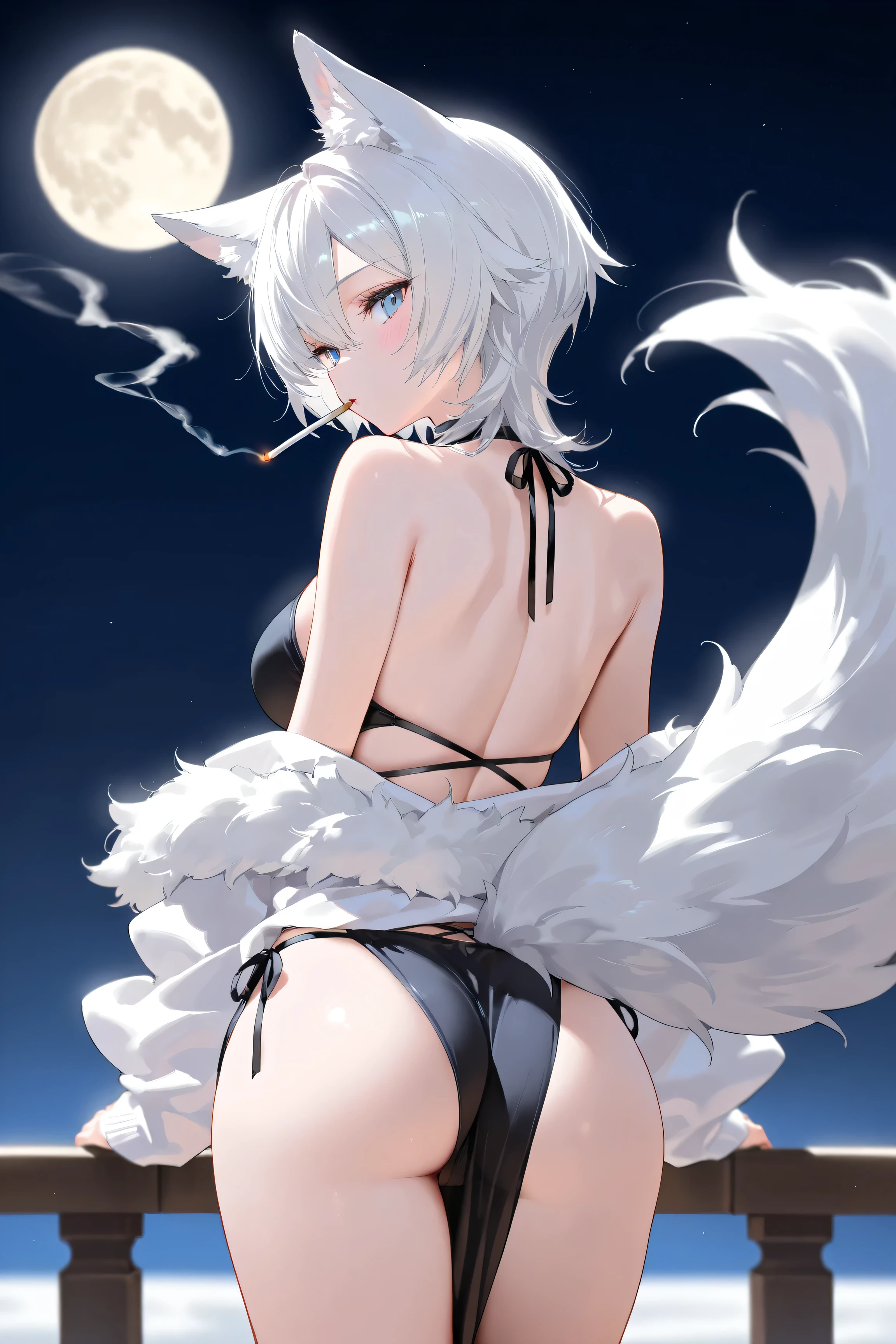 Lolicon, Bear furry girl, cute, dark brown fur, sitting in Forrest, flat torso, nipples, pussy, bum tail, short white hair, flat chest, chibi body, on four, ass, spread ass, anus, back view 