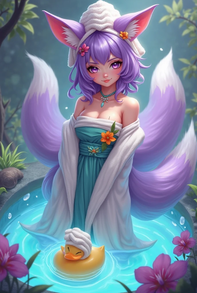 masterpiece, best quality, HD, ultra-detailed, vivid colors, Pokémon Espeon, purple Evee, Psychic pokemon, Dark pokemon, (furry:1.35), humanoid, humanization, anthropomorphic, on 2 legs, beautiful detailed purple eyes, big purple eyes, Psychic environment, purple palette, short purple thin tail and thin (blue ears), ((blue inside ears)), 2tails, two tails, detailed (purple) hair color, beautiful ((short hair)), ((detailed long [purple dress|pink dress:1.5] )), ((red diamond decoration, red diamond pendant)), shiny rainbow soap bubbles floating around, Action funny Pose
