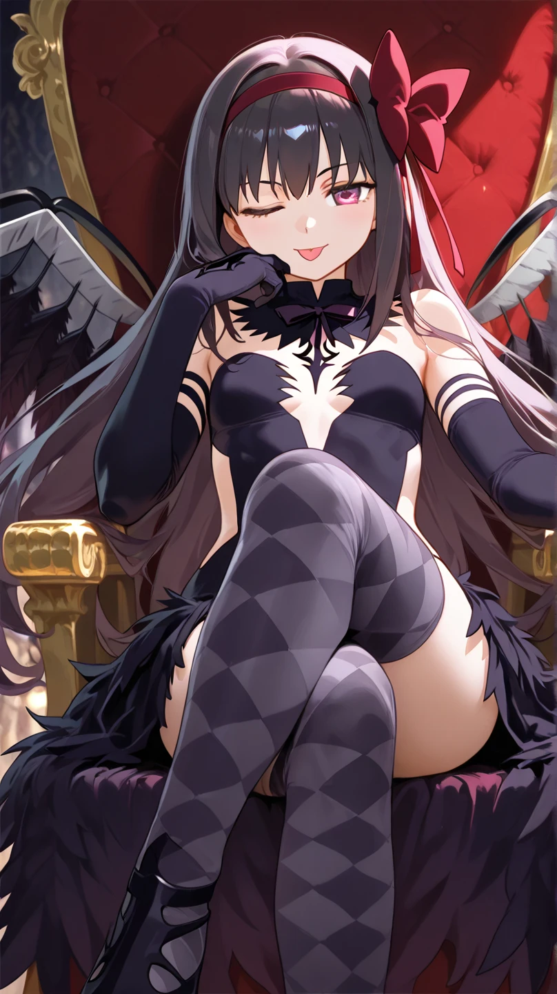 score_9, score_8_up, score_7_up, best quality, masterpiece, 4k, uncensored, prefect lighting, rating_explicit, very aesthetic, nai3, 1girl, akuma homura, solo, long hair, thighhighs, gloves, purple eyes, black gloves, black hair, elbow gloves, feathers, wings, argyle legwear, dress, bare shoulders, bow, choker, hair bow, looking at viewer, argyle, feathered wings, zettai ryouiki, breasts, black dress, black wings, masterpiece, best quality, late, <lora:char - akuma homura - v1 - bionagato:1>,
cinematic angle, cinematic lighting, highly detailed, Amazing, finely detail,
<lora:neg4all_bdsqlsz_xl_V7:0.9>,