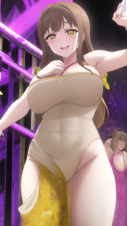 (top-quality、8K、32K、masterpiece、masuter piece、The ultra -The high-definition:1.2)、1girl in、beautiful japanese female、beautiful countenance、a beauty girl、Beautuful Women、big breasts thin waist、(gigantic breastss:1.4)、On stage、(ssmile)、Light shining from the front、(Erotic Poses、Poses to seduce、dynamicposes、Slouch Pose:1.1)、(Shunguang、Light shining on the face、Studio Lighting:1.2)、(lifting tits、Emphasize with your arms crossed)