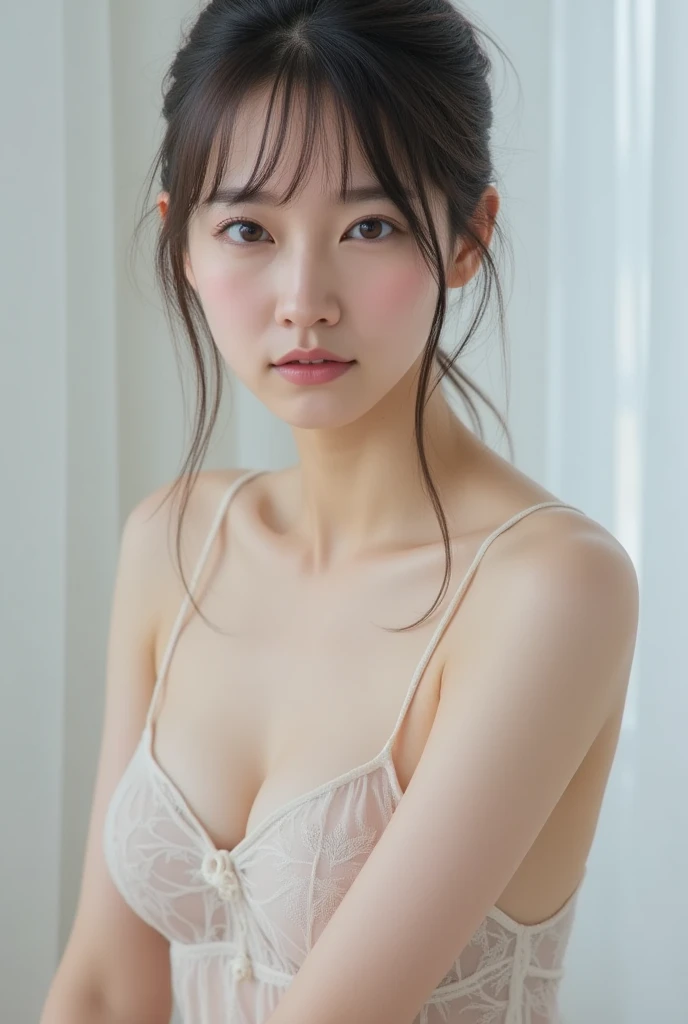 (Highly realistic photos, High resolution), Skinny Japanese woman, 30 years old, Cute face, Detailed face, Fine grain, Mr.々Hair style, Thin body type, correct body anatomy, ((Look straight ahead)), Facing the camera directly, A single photo, Photographs capturing the perfect moment of beauty and intelligence, ((With a simple background))、Dignified