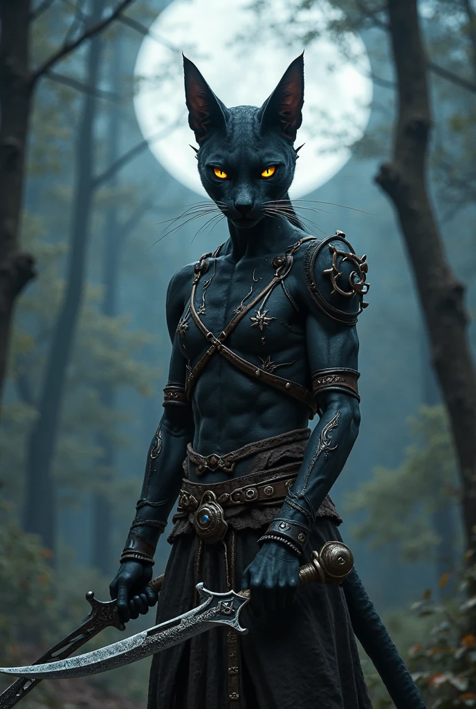 RAW photo, werecreature, werecat cat, large head, in a forest, 80mm, f/1.8 <lora:wereanimal:0.8>