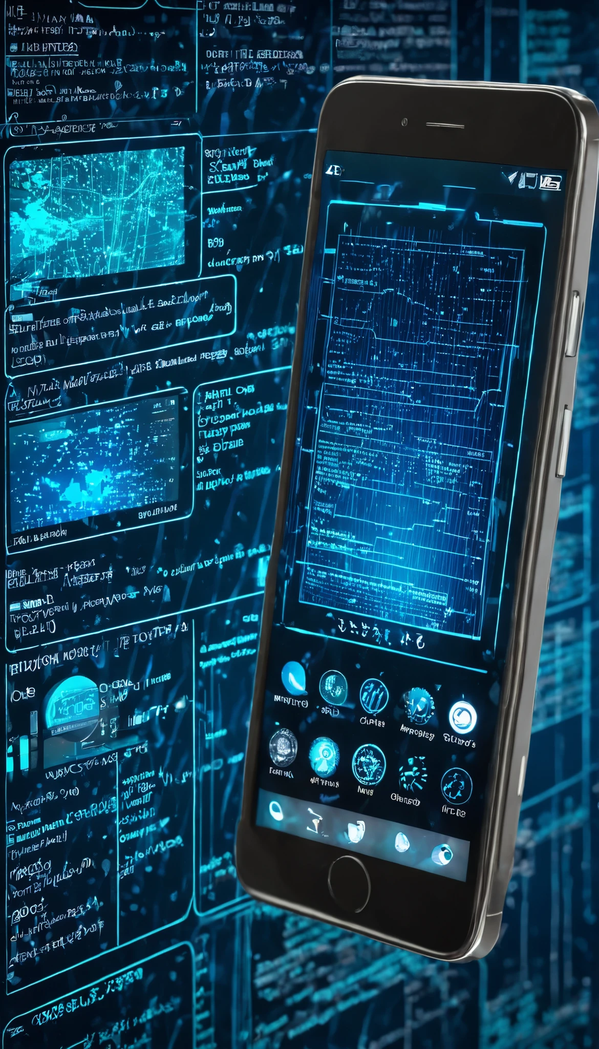 Digital animation-style image of a phone importing data: old photos, voice memos and texts, overlaid interface, blue glow, slightly disturbing technical aspect, cinematic,