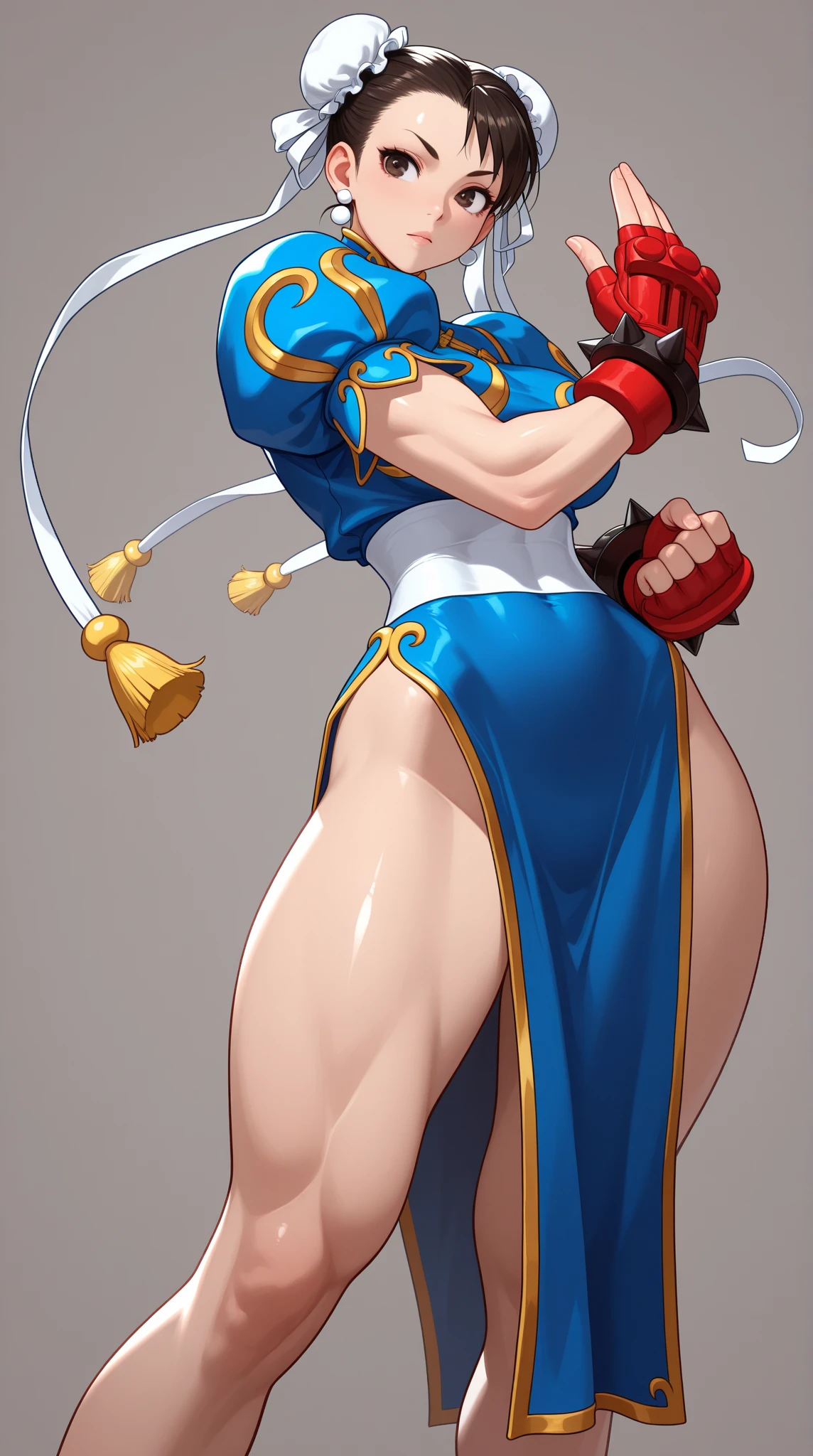 Full body image of Chun-Li from Street Fighter Alpha 2, full body in image, wearing her original outfit (blue qipao with gold accents, white boots, spiked bracelets, and ox horn hairstyle with white ribbons), long hair, female body, muscular and athletic body, dynamic pose, detailed pose, simple background, expressive face, focus on face, line art, sketch