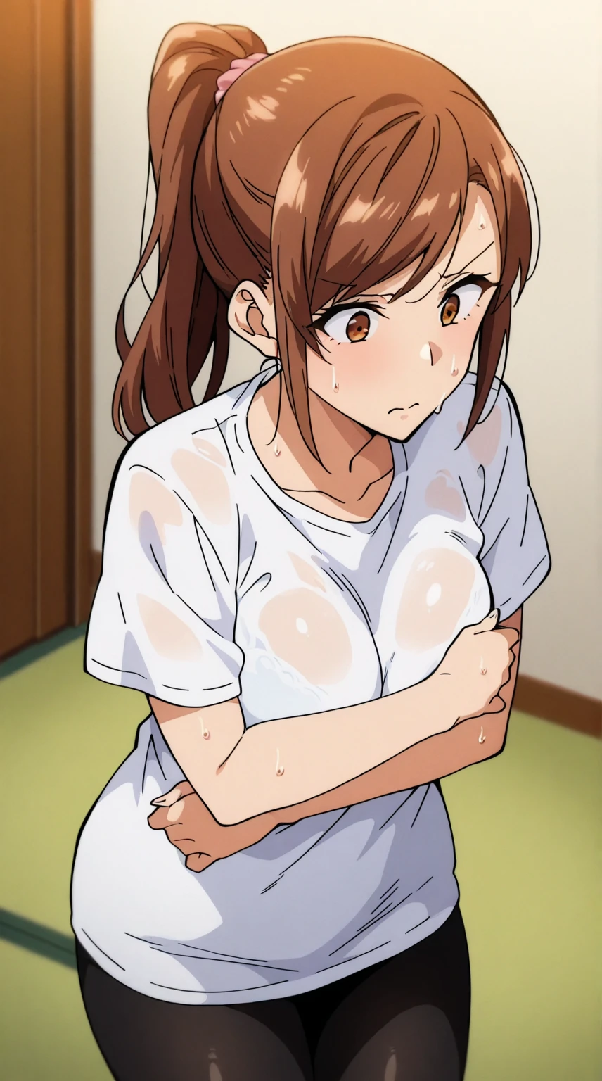 masterpiece,best quality,1girl,solo,my hero academia,ochaco,white bikini,blush,embarassed,full blush,teeth clenched,frown,upset,nude,areola