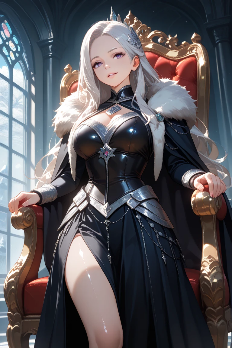 score_9, score_8_above, score_7_above, score_6_above, score_5_above, score_4_above, super detailed, extreme detailed, masterpiece,best quality,extreme detail,8k,Daenerys Targeryen,1girl,solo,long hair,breasts,looking at viewer,smile,voilet eyes,platinum hair,meduim breasts,aristocrat clothes, regal, thin body, apocalypse, ruined civilization, rubble, ruined mansion ultra detailed background, sitting on crumbling ornate throne, in ruins,  from front, 