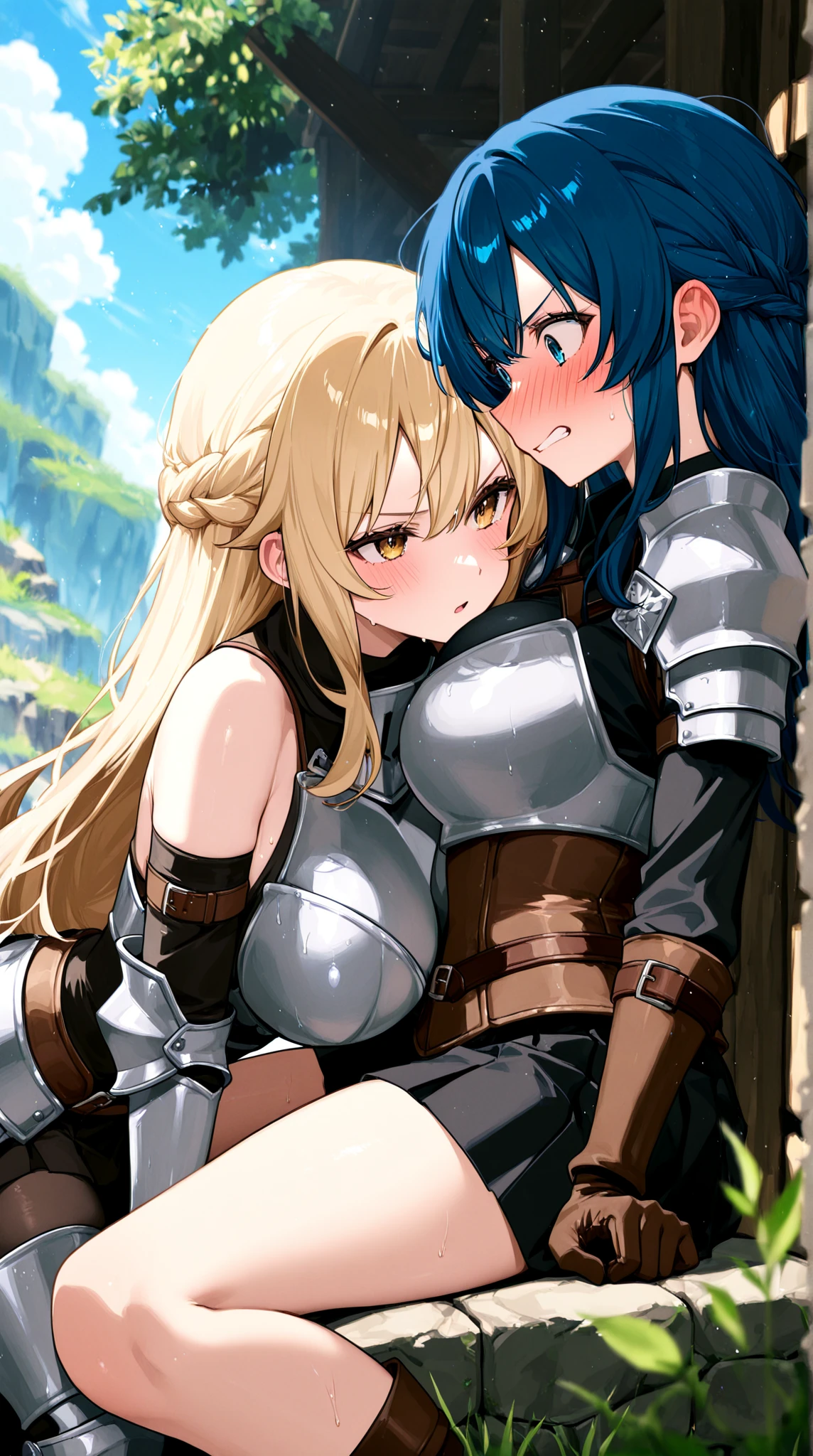 (masterpiece,best quality:1.3),(ultra-detailed,high resolution:1.2),(illustration),((an extremely delicate and beautiful)),(detailed background),((1girl,tall stature)and(1fighter boy,tall stature)),hetero,(1girl,tall stature:1.4),(curvy:1.4),(long hair, french braid),straight hair, (blonde hair), light blue eyes, (large breasts), pale skin,shiny skin, (rolling eyes:1.4),(ahegao),(trembling),((She wears waist-cape armor)), cum in pussy,(cum on clothes:1.4), cum on body,cum in mouth,cum on hair,excessive cum, (1fighter boy,tall stature),smug,large penis, ((vaginal,sex)),(upright straddle,couple,face-to-face,kiss),(wrestling ring),