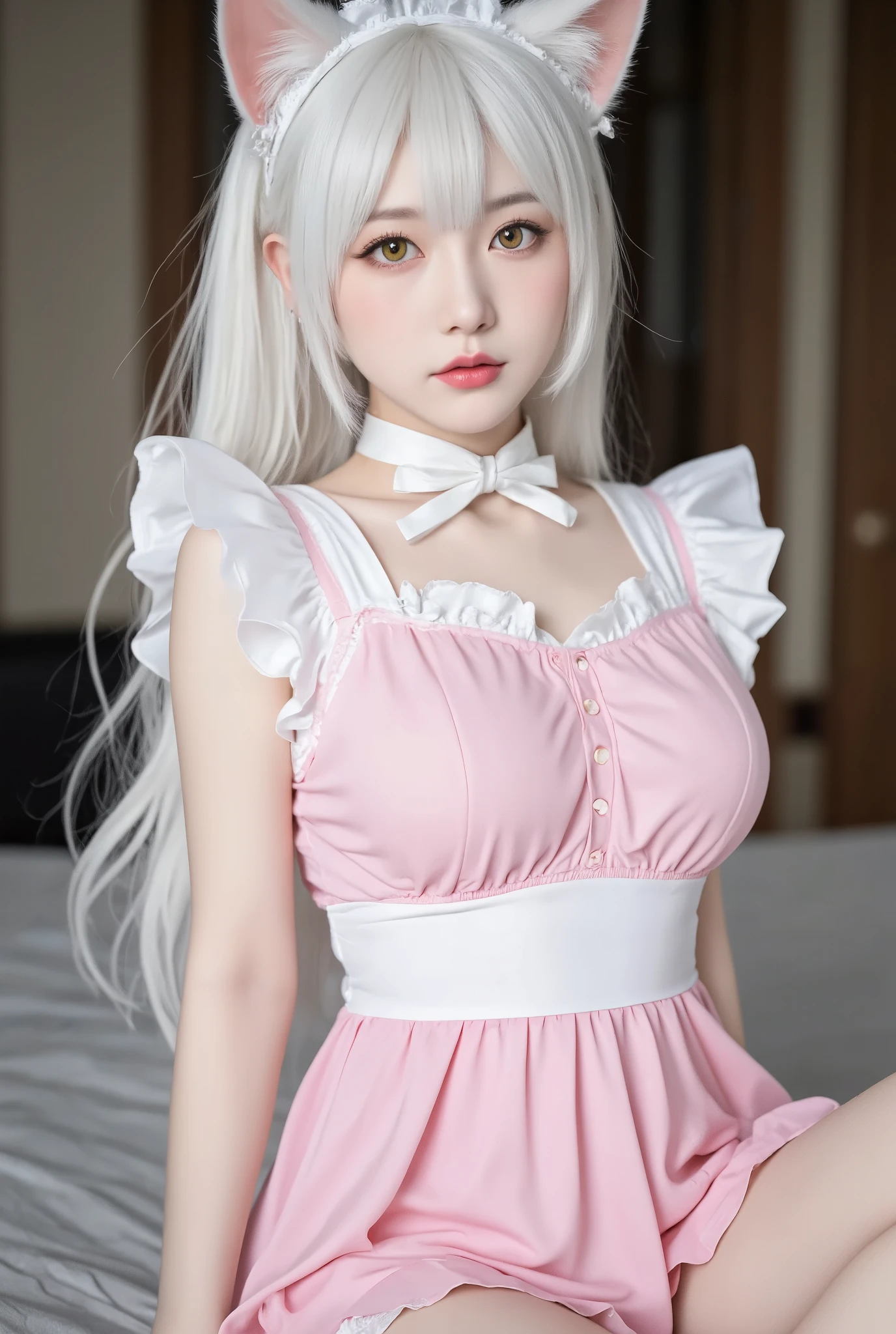 P_nurse, ((full body)), ((Elegant posture, Attractive posture)), ((Random shooting angles)), Platinum Blonde Fine Hair、Extra long silky straight hair、Big eyes with bangs and eyeliner、((Visible cleavage))、((E cup)), ((I-type Valley)), Nordic Youth、Perfect body、Very beautiful and cute、White Skin、Smooth and radiant skin、Young and beautiful skin、Perfect beautiful little face、Shiny Makeup、Thin pink lip gloss expression、girl、Lipstick、Deceptive advertising、{Steaming hot}、Audience perspective、Primetime lights、Bokeh atmosphere perspective、Detailed movie lighting、Intricate details、high resolution、 Details of facial design、High Detail、Be focused、Smoothness、aesthetics、Print、Octane Renderer、{{masterpiece}}