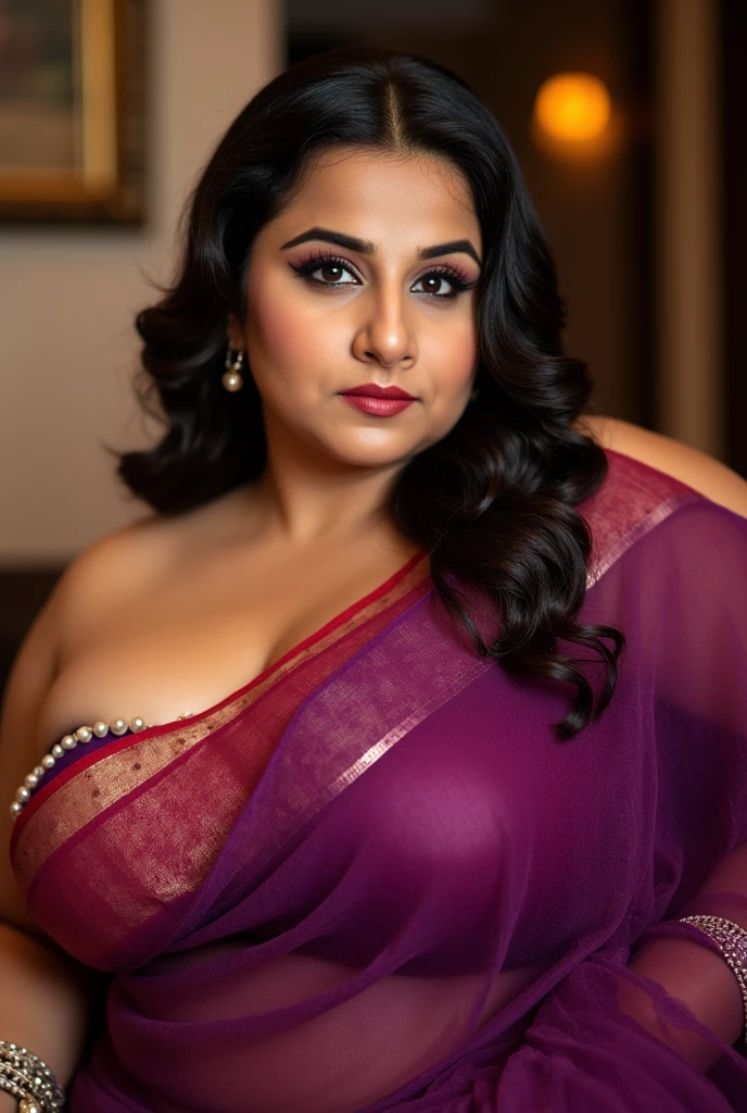 Indian chubby women wearing purple colour saree sitting on bed huge boobs and purple colour jewellery and looking so sexy