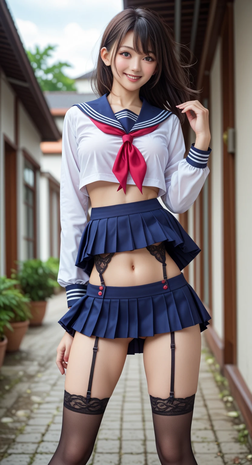 1girl, summer uniform, sailor uniform, short-sleeved shirt, blouse, skeleton uniform, Korean cosmetics, bra, embarrassed face, shy face, red tie ribbon, boyish face, touching face with hands, very short hair, socks, necklace, piercing, belly button exposed, beautiful legs, knee-high boots, dark skin, gyaru