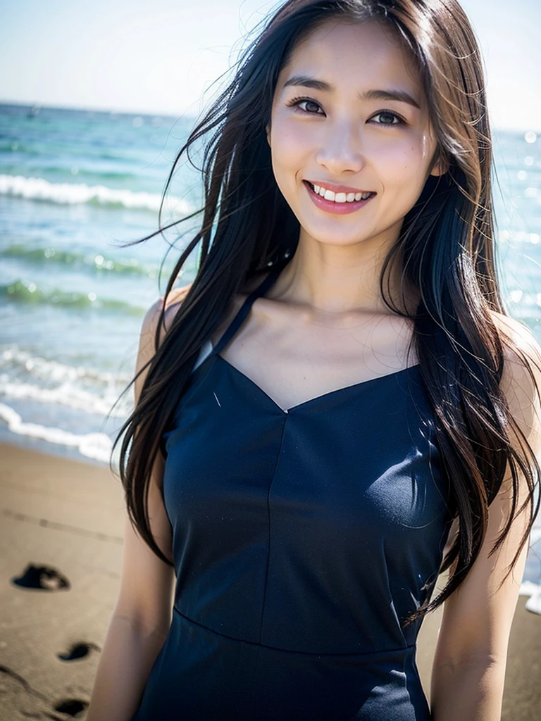 （Twilight beach, brown hair, drooping eyes, highest quality, 4K shooting, 20s, half-woman, Inosse, sea and wide-angle lens 28mm 111.4, blinking full-size camera , long hair , big eyes , long eyelashes , shot pose , neck lace , lie down (best quality , 8k , masterpiece : 1.3), girl (long-haired) Japanese beauty : 1.3 (long hair), T-shirt : 2. gentle eyes. a natural smile. Perfect iris. Perfect lips. Perfect skin. Fine face. The delicate eyes can have a double, soft chest. Highest quality, 8k, 20s, cute, alone, smile: 1.1, cute, girlish, delicate girl, pure beauty. Live photo. Professional photo. Portrait. Soft light. Professional lighting. Backlit, sophisticated, film grain, (eye and face details: 1.0), short floating hair, beautiful, hair, drooping hair, random hair, blonde hair and ash (8K RAW photography; best quality; masterpiece: 1.2), very detailed; ultra-high resolution; (realistic: 1.37); high-resolution raw color photography; professional photography; very delicate and beautiful; 8K wallpaper: 1 , stare at the camera ,Full body shot, natural light, 1 person, woman ,Japanese , 20 years old, E-cup bust , a slender waist , shining hair , (High ponytail: 1.2), black hair , a shy smile ,White Holter neck bikini, , , , , , highlight the valley in the chest , nipple erection, , , sharp focus , (The background is a realistic beach: 1.1)Emphasize the whole body and legsfair-haired beauty