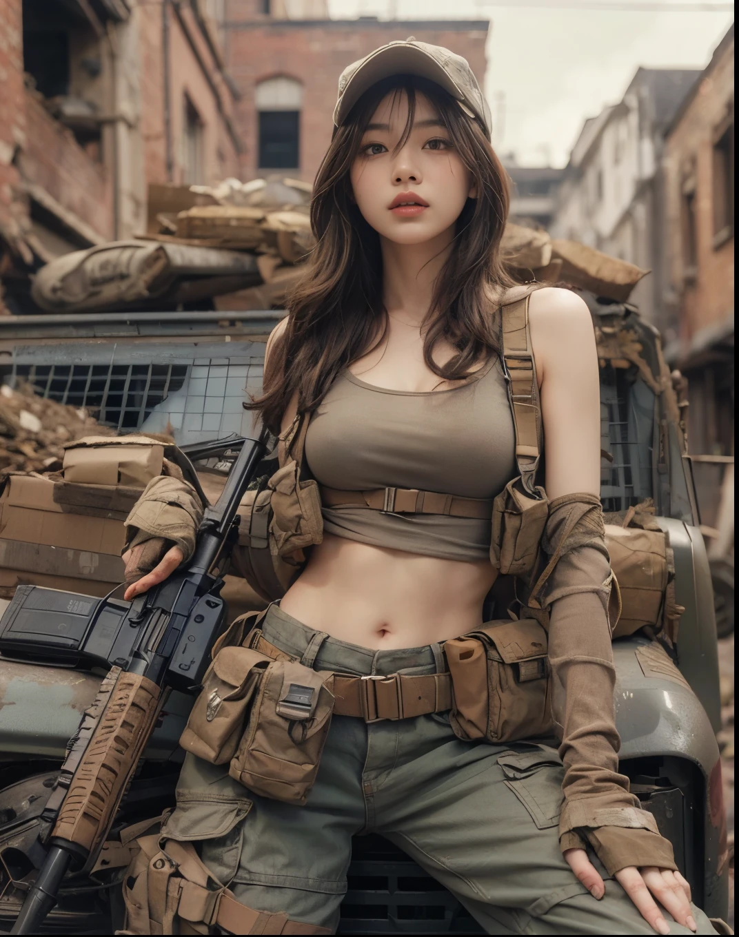 super fine illustration, ultra high resolution, masterpiece, highest quality, perfect lighting, detailed lighting, dramatic shadow, ray tracing, 1 Femail warrior, (((solo:1.5))), cute face, Big breasts, exposed cleavage, beautiful detailed hazel eyes, sharp face, clear eyes, long bang, ((medium curly hair:1.2)), blonde hair, ((post-apocalyptic fiction)), ((desert:1.2)), ((outdoor)), ((desert battle suit)), ((military harness)), world of the Mad Max, Resident Evil Series, full body, from below,