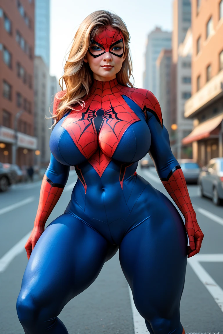 plus size, blonde hair, Cabelo loiro Milf plus size, corpo plus size, Usando uma fantasia sexy do homem Aranha nas cores azul e vermelho, standing on her feet, crowd on a street in the background, seios pequenos, bunda pequena, barriga saliente, roupa semitransparente, day lighting, (vestindo spiderwoman_cosplay sexy_fantasia Homem-Aranha:1.1), pele branca fina, (cinematic lighthing), solar lighting effect.