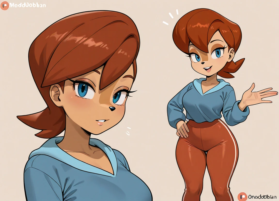 A character turnaround of a girl, (hotify:1.2),27 years old,reference sheet, (character design, front, back, side) tall,red_hair,short hair, detailed hair, smile,white shirt,only shirt,short shirt, big breasts, (wide hips:1.2), blue leggings, body tight leggings, perfect eyes, blue eyes,detailed eyes, bare navel, free hands, intricate details, best quality,1girl,ultra high res, full body, multiple views of the character in the same outfit, simple background, white background