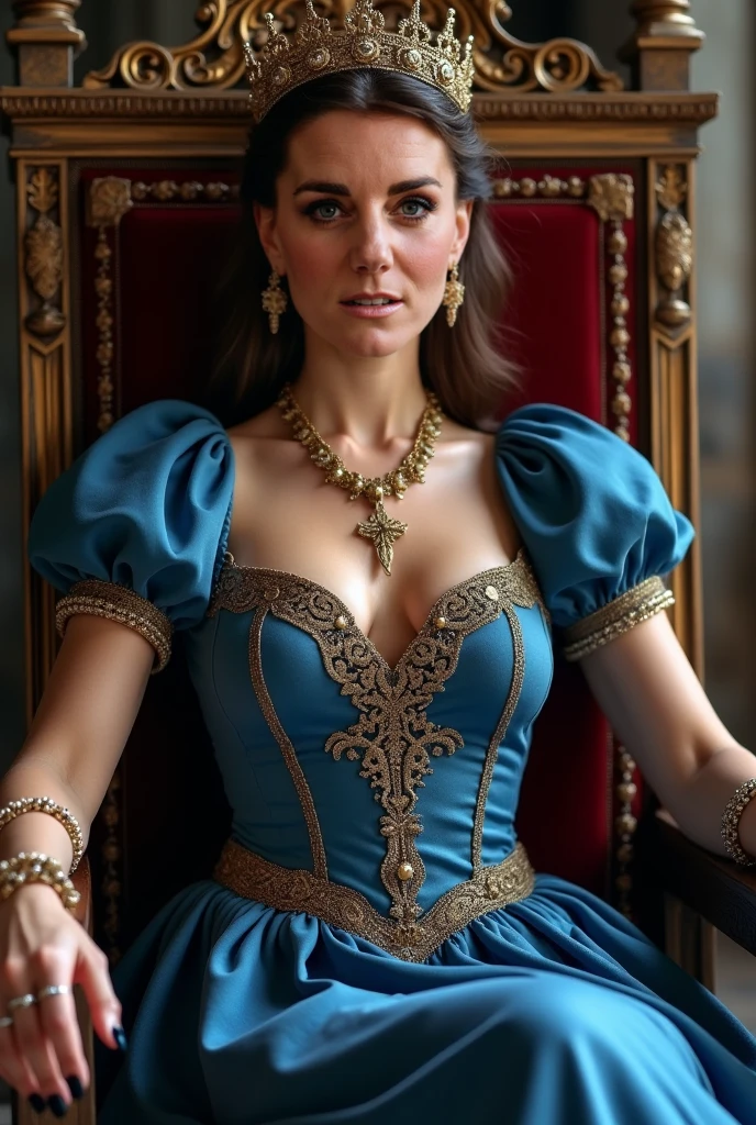 French royal woman with long brown hair and unmatched body with a crown and royal blue dress in a castle sitting in an armchair at night in the moonlight