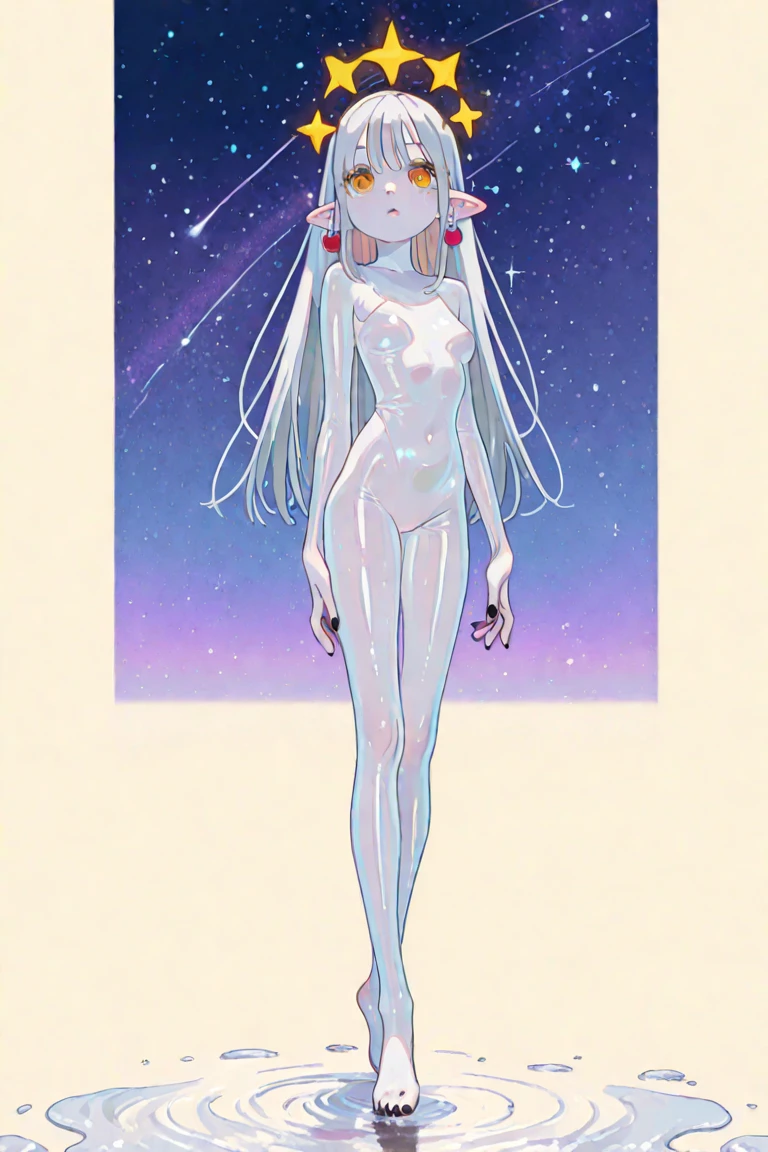 skinny, naked, very tall. anthropomorphically long skinny legs , Floating in the vastness of space in the galaxy. full-length naked. silver hair, heels small shoe size