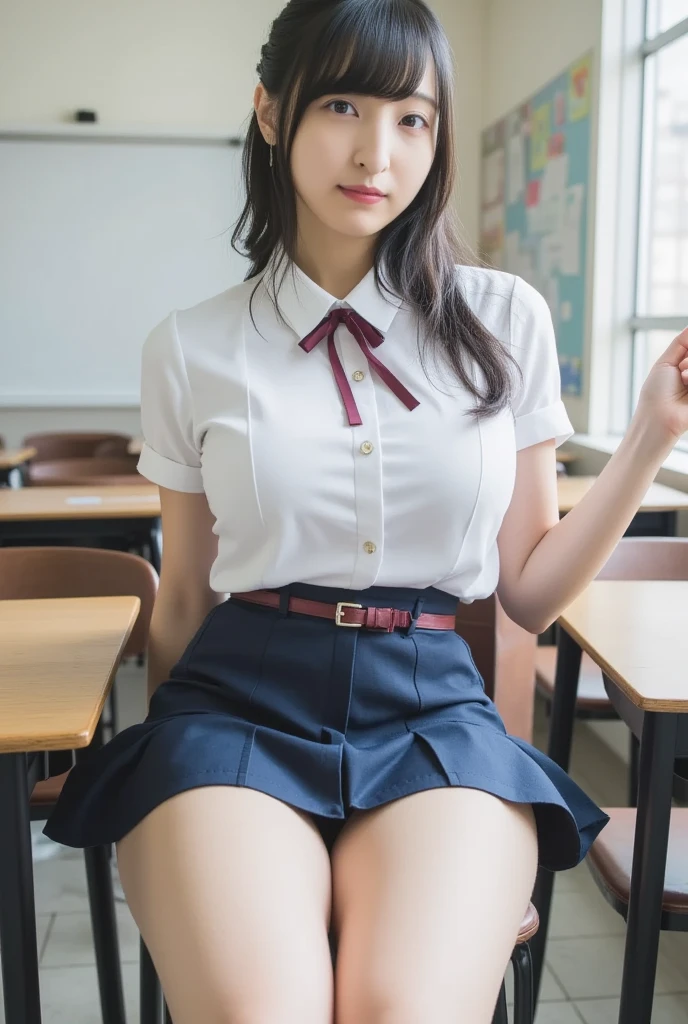 (1young girl), kawaii, (highly detailed Beautiful face), Amazing face and eyes, (Best Quality:1.4), (Ultra-detailed), (extremely detailed CG unified 8k wallpaper), Highly detailed, High-definition raw color photos, Professional Photography, Realistic portrait, twintails, (hi-school uniform, pleated mini skirt:1.3), (hi-school uniform with wide open breasts:1.2), Sitting, (open your legs), cameltoe, depth of fields, School, classroom, (fine face:1.2), (from below:1.2)