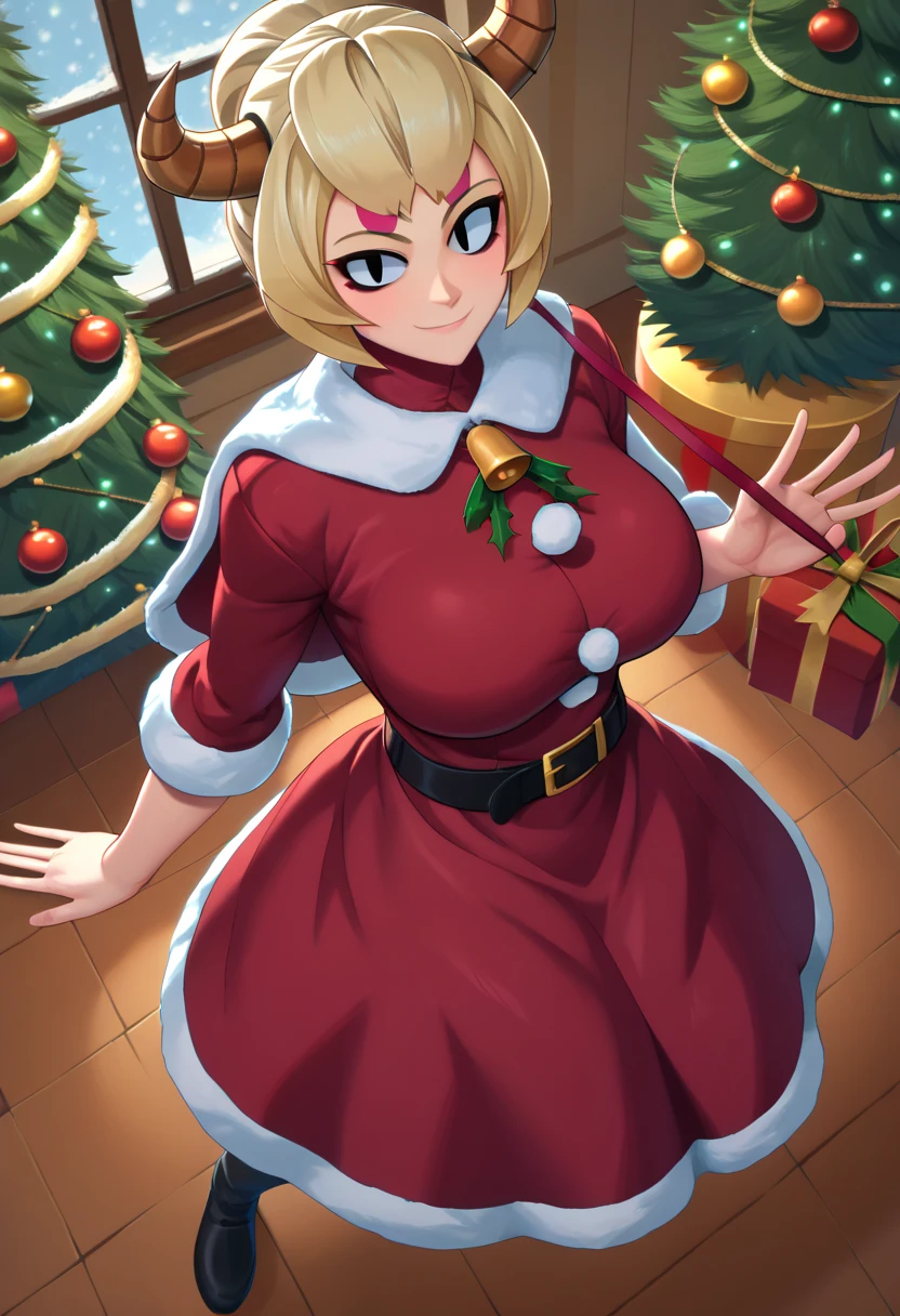 masterpiece,1girl sakura Haruno,Her big breasts_hair, gloves, black_gloves, fur_trim, hat, santa_costume, christmas, open_mouth, smile, bell, solo, red_headwear, pantyhose, Christmas city_background, santa_hat,