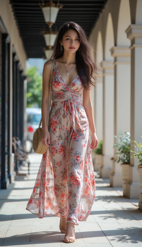 spring, supermodel, rose pattern brightly colored long dress made of thin cloth to reflect skin, high heel, long hair, steet, smile, walking, sun shine, flowers