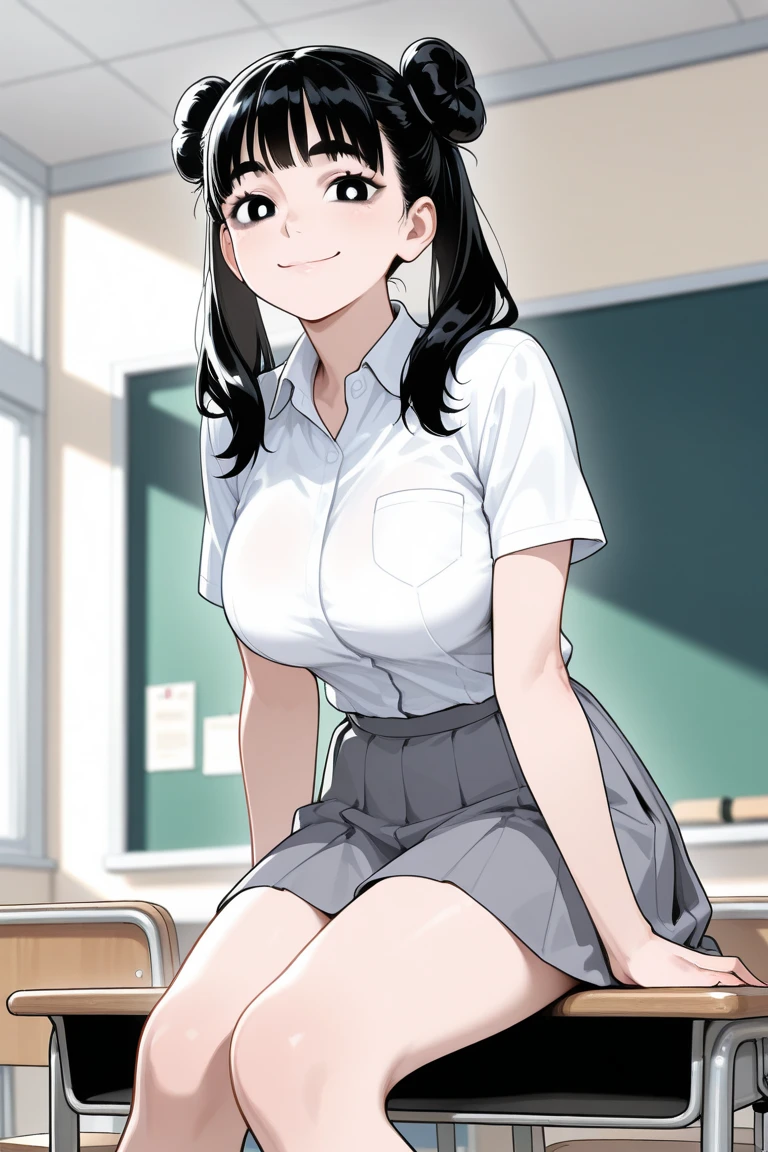 score_10, score_9, score_8_up, score_7_up, BREAK, source_anime, anime screencap, anime coloring, detailed face, a stiff-looking beautiful female teacher, detailed beautiful big brown eyes, large breasts, 36 years old, milf, black hair, skinny, One length medium bob hair, asymmetry_bangs, forehead, hair behind ear, black hairpin, Wears glasses, white shirts, short sleeves, button gap, black super micro skirt, skintight, zettai ryouiki thighhighs, (visible black lace thong), teaching in front of the blackboard, (holding a textbook, hand on hip), smile, shaped eyebrows, open mouth, classroom, thigh gap, unshaven hairy natural public hair, cowboy shot