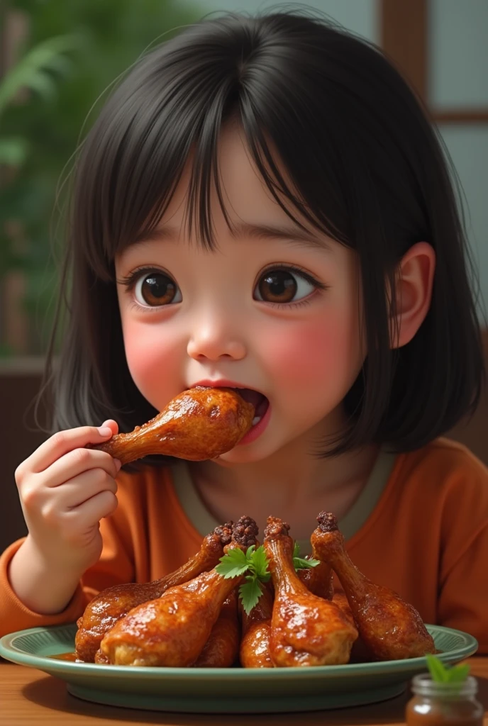 Realistic image of a girl eating meat