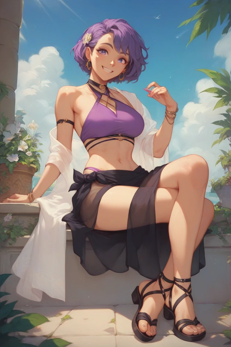 1 girl, masterpiece, top quality, fair skin, golden eyes, big eyes, dark purple hair, side ponytail, shorts, black belt, green jewel, frills, holy water