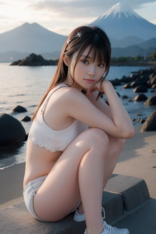 ((from below:1.5)), ((whole body:1.5)), (ultra detailed), (masterpiece), (best quality), Highest quality, Realistic, Surreal, Highest quality, Extremely detailed CG, Very delicate, 16K wallpaper, High resolution, 1 Girl, 43歳の日本people女性, (small eyes:1.5), ((Thin lips)), ((Two very small moles on my right cheek:1.5)), (Skin dents), Medium Chest, (Beach:1.5), (Sea and sandy beaches:1.5), people々, (beautiful long straight hair:1.5), (bangs:1.5), (white bikini:1.5), (I wore it:0.8), Nice, bloom, Floating Hair, (Dynamic pose:0.6), BREAK ((in the night:1.5)), Beautiful moonlit night sky, (Shy Smile:1.2), Thin lips, slim, (Highly detailed face), (Highly detailed facial expressions), (Face the front completely:1.5), ((Looking into the camera:1.5)), Slender body, Large file size,