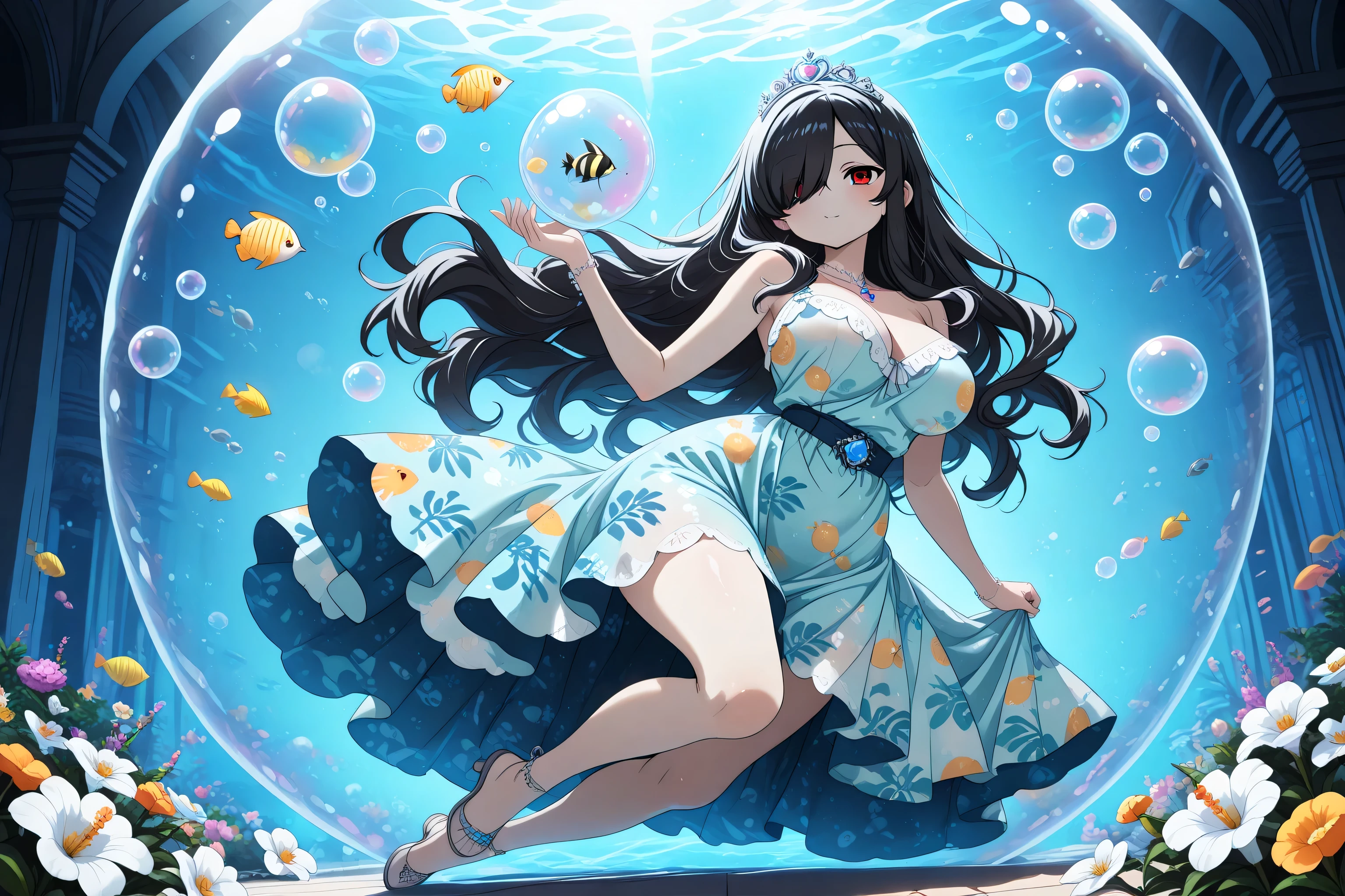 1girl, Kuroki Monika, black hair, very long hair, hair over right eye, red eyes, large breasts, (petite but curvy, very cute), (princess is in the flower garden, dress of colors like the sea), (tropical fish print on dress:1.4), dress shines blue, soft blue lighting and rainbow bubbles, create fantastic atmosphere, anime style illustrations, detailed background, full body shot, (master piece, 8k high-resolution), (jewelry eyes:1.2), (floral tiara), ((exquisite illustration of a girl wearing flowers)), ((blooming flowers)), ultra detailed, perfect light, purple world, misty, bubble, fantasy, transparent jewel, transparent crystal, light, glow, shine, shining, beautiful face, beautiful eyes, beautiful hair, best quality, look at viewers((best quality:1.5))((best quality eyes:1.5)) (girl inside a huge bubble:1.5)
