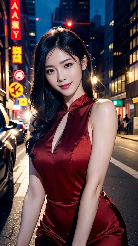 最high quality, photorealistic, kung fu idol, Japan 1 girl, lip gloss, gentle smile, whole body, good style, view audience, Scorpion print tight mini Chinese dress, high quality, realistic, very detailed, 8K wallpaper, Raw photo, professional photography, Bokeh, Depth of the bounds written, illumination, A downtown area filled with neon lights at night, super stylish lighting, upper patung dress, busty patung dress